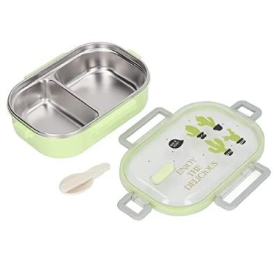 Image of ciciglow Thermal Insulation Lunch Box, 304 Stainless Steel Box Compartment Liner, Bento Illustration Style Leak Proof Container for Student Children(Transparent Green Cactus)
