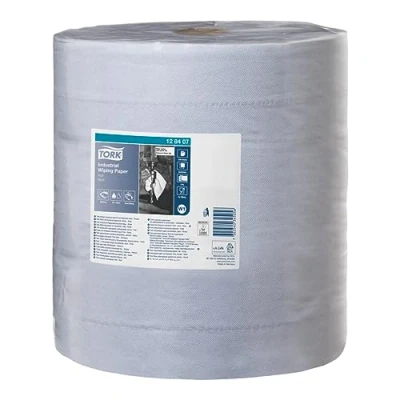 Image of Tork 128407 Industrial Wiping Paper / 3 Ply Recycled Roll Suitable for W1 Wipers Wall/Floor/Standard System Blue 1 x 340m Ø 35cm