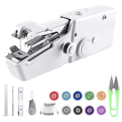 Image of Handheld Sewing Machine, Portable Machine with Accessories, Mini for Beginners, Hand Held Stitcher DIY Clothing Curtains Crafts (White)