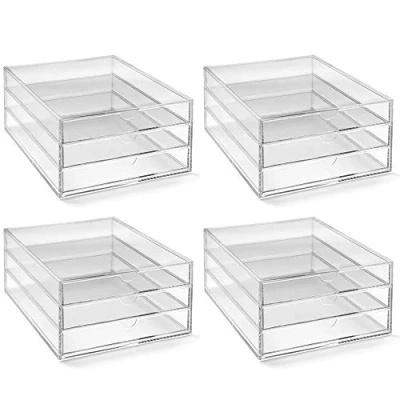 Image of OSCO Portrait Clear Acrylic 3 Tier Papersorter 4 Pack A4 Document Storage Filing Drawers Paperwork Organiser Desk Tidy Lego Sorter Coffee Capsule Pods Holder H13 x D32 W24 cm