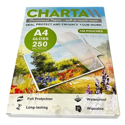 Image of Charta A4 Gloss Laminating Pouches 250 Micron Pack of 100 Laminator Laminate Sheets