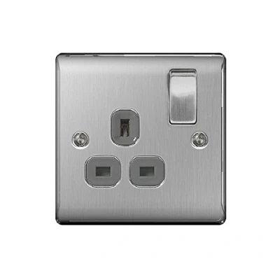 Image of Pck of 5 x BG Nexus Metal Single 13A Plug Socket,Brushed Steel Finish,Grey Inserts