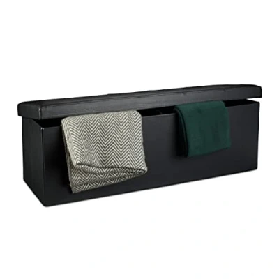 Image of Relaxdays Folding Storage Ottoman XL, 38 x 114 cm Sturdy Seat with Bench, Faux Leather, Removable Lid, Black