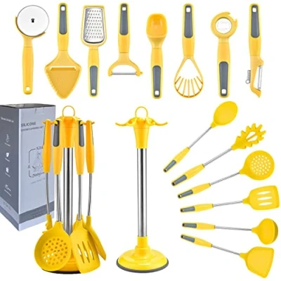 Image of SaiDuoDuo 15 Pcs Silicone Cooking Utensils Set, Kitchen Gadgets Tools 446F Heat Resistant Non Stick, Best Cookware Set Dishwasher Safe, Utensil with Holder,Yellow