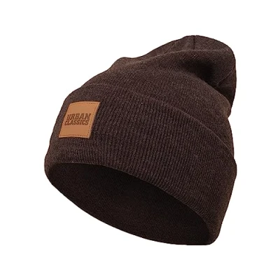 Image of Urban Classics Leatherpatch LONG Beanie, Men&#039;s, Size: One Size, Heatherbrown