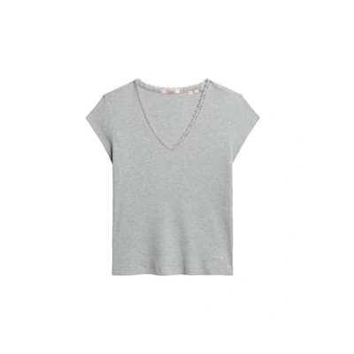 Image of Superdry Essential Lace Trim V Tee C4 Basic Non Printed T Shirt (W), Women Outerwear, 5 6