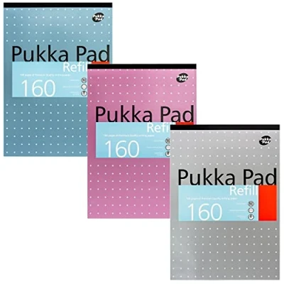 Image of Pukka Pad, A4 Refill Notepad 160 Pages of Premium Quality Writing Paper 80GSM, with Feint Ruled 8mm Lines and MarginTape Head Bound 4 Holepunch for Easy Filing 29.7 x 21cm Pack 3 Assorted