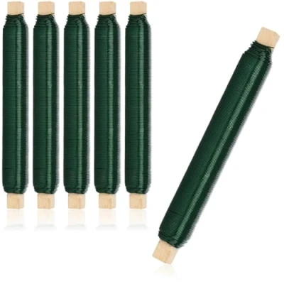 Image of com four® 6x Flower Wrapping Wire Set Garden Green Binding Wound on a Wooden Stick, Thickness 0,65 mm, 600 g (Green 06 pieces)