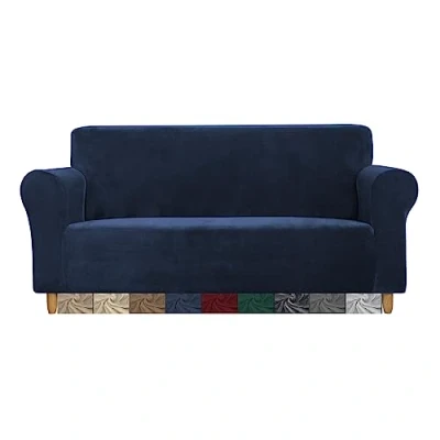 Image of CMAKER Velvet Sofa Covers Couch Cover 2 Seater Stretch with Non Slip Elastic Bottom Furniture Protector Slipcovers for Pets(2 Seater,Navy)