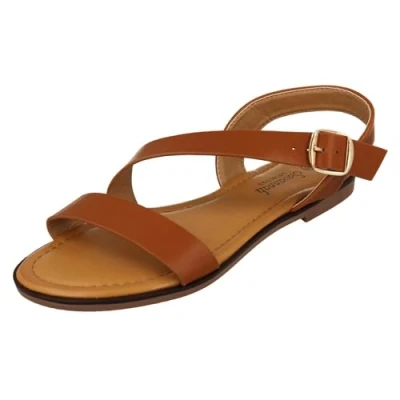 Image of Ladies Savannah Flat Y Strap Mule Sandal with Buckle F00443 Tan Synthetic UK Size 4 EU 37 US 6