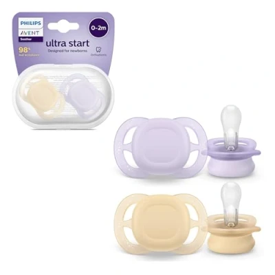 Image of Philips Avent Ultra Start Soothers, Orthodontic Dummies Designed for Newborns Aged 0 2 Months, Silicone Symmetrical Teat, BPA Free, with Sterilising/Carrying Case, Pack, Model SCF075/01