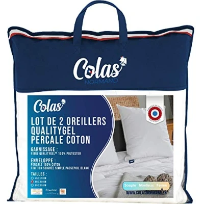 Image of Colas Normand QualityGel Percale Pillows, 100% Cotton, Firm, 60 x cm, Cervical Support, Memory Sensation, Hotel Quality, Soft, French Made, White
