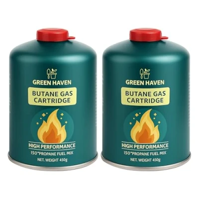 Image of Green Haven Premium 2 Pack C500 Gas Canisters Cartridges for Camping Stoves &amp; More High Performance Propane Butane Mix with Resealable Valve EN417 Cartridge