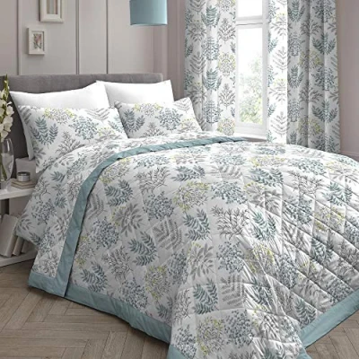 Image of Dreams &amp; Drapes Duck Egg Floral Fern Bedspread (230cm X 195cm) Reversible Design Botanical Leaf Quilted Bedspreads in Blanket/Bed Cover for Bed Matching Duvet Available