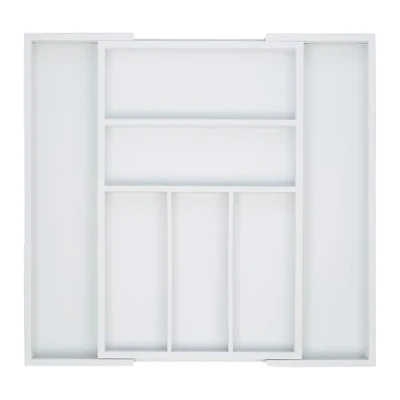 Image of Relaxdays Extendable Cutlery Tray, var. Width, 5 7 Compartments, Bamboo Organiser, HWD: 5x48x46cm, White