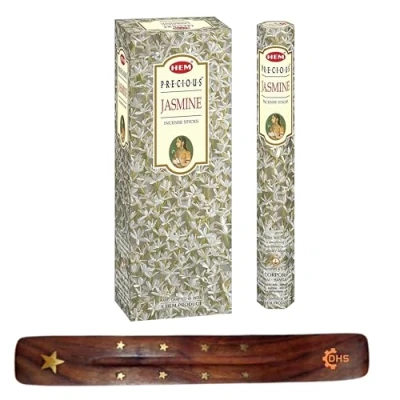 Image of HEM Incense sticks PRECIOUS JASMINE Full box of 6 with DHS stick holder for Yoga, Meditation, Healing, Spirituality, Aromatherapy, Spa and Relaxation…