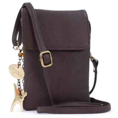 Image of Catwalk Collection Handbags Leather Phone Bag For Women Small Flapover Crossbody Adjustable Strap BILLIE Brown