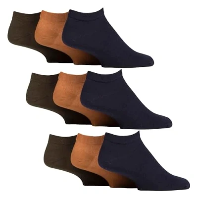 Image of Gentle Grip 9 Pack Mens Diabetic Trainer Socks Extra Wide for Swelling (6 11, Ochre/Navy Blue/Green Khaki)
