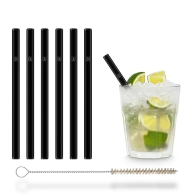 Image of Halm Glass Drinking Straws Black Short 6 Pieces Straight 15 cm Straw Set Reusable + Plastic Free Cleaning Brush Sippers for Cocktail tumblers