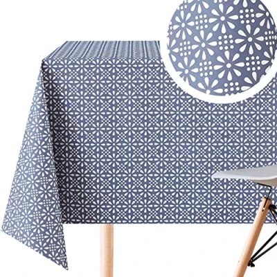 Image of KP HOME Modern Minimalist PVC Wipe Clean Table Cloth Rectangular 200x140 cm 78x55 In Wipeable Tablecloth up to 6 Seats Waterproof Vinyl Oilcloth With White Geometric Flowers On Navy Blue