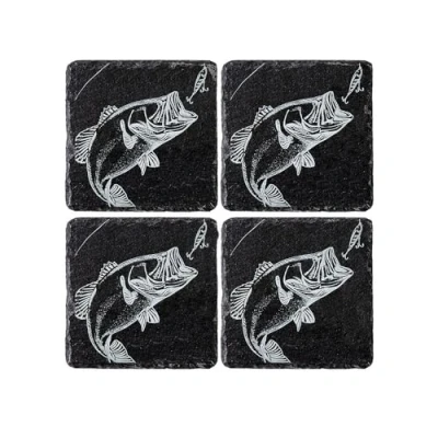 Image of Slate coasters. Set of 4 with Bass fish design. 11cm x Square Drinks Coasters Gift for fishing enthusiast