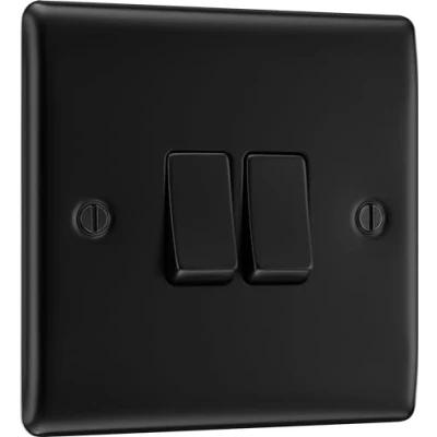 Image of BG Electrical Double Wall Light Switch, 2 Way, Raised and Slim Profile, Round Edges, Nexus Metal, Matt Black, 20A, 16AX, NFB42