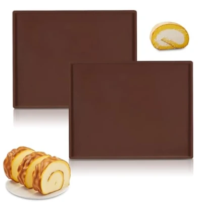 Image of 2 PCS Swiss Roll Baking Tray, Silicone Mat Non Stick Trays Tin for Baking, Cooking, Cake, Bread, Cookies (Brown)