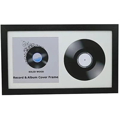 Image of Double Vinyl LP Record and Album Cover Wide Wooden Frame With White Mount (Black, 12&quot; Vinyl)