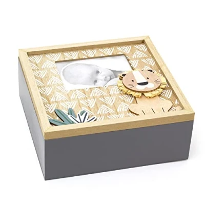 Image of Baby Lion Cub Keepsake Box With Single Photo Aperture Wooden Memory New Newborn Girl Boy Boxes
