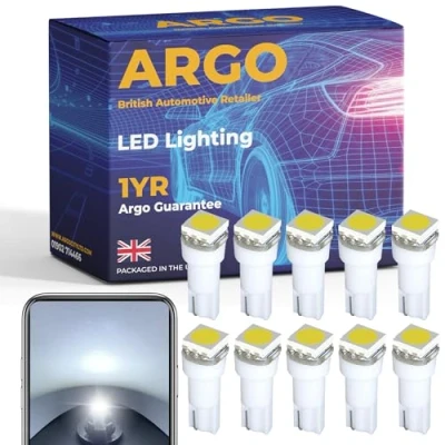 Image of Argo 10 Pack T5 bulb led Smd White Dashboard 286 Bulbs 12v Instrument Dash Panel Clocks Dials Xenon Van Interior Car Speedometer Gauge Cluster Speedo Light
