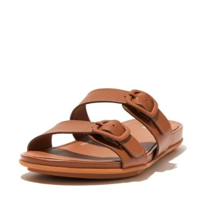 Image of Fitflop Women&#039;s Gracie Rubber Buckle Two BAR Leather Slides Flat Sandal, Light Tan, 4 UK