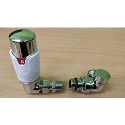 Image of TEAMS Corner Angled Thermostatic Towel Rail Radiator Valve Chrome White VALVES Set TSE