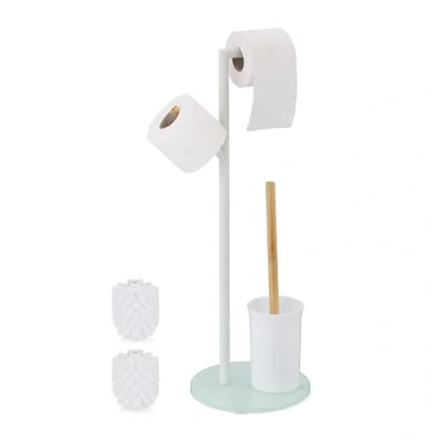 Image of Relaxdays WC Set, HxWxD: 64 x 27 22 cm, Free Standing Roll &amp; Brush Holder, Replacement Heads, Stainless Steel, White
