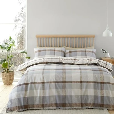 Image of Catherine Lansfield Brushed Cotton Check Reversible Single Duvet Cover Set with Pillowcase Natural