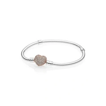 Image of PANDORA Moments Women&#039;s 14k Rose Gold Plated and Sterling Silver Pavé Heart Clasp Cubic Zirconia Snake Chain Bracelet for Charms, Size 18, No Box