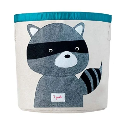 Image of 3 Sprouts Large Cotton Canvas Toy Storage Basket Durable Baby Laundry Organizer with Handles, Kids Foldable for Playroom &amp; Nursery Decor, Raccoon