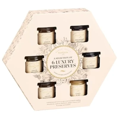 Image of Hampton&#039;s Jam Set of 6 Preserves Gift Box Selection Containing Different Flavors Resealable Assorted Mini Jars
