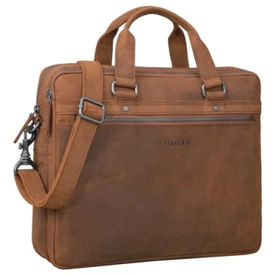 Image of STILORD &#039;Brayson&#039; Briefcase Laptop Bag Leather for 16&#039; MacBooks Vintage Work Large Satchel Business Shoulder Attachable to Trolleys, Colour:tan Dark Brown