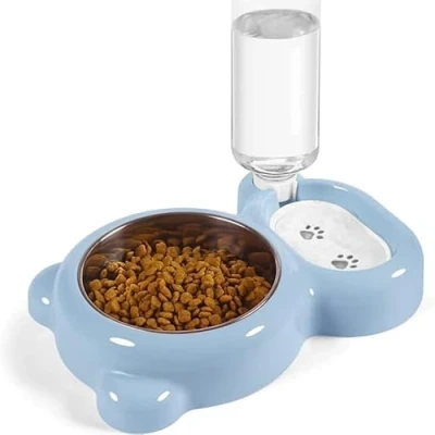 Image of Keep Your Pet Hydrated &amp; Fed with This Double Bowl Set Automatic Water Dispenser Bottle! (Blue)