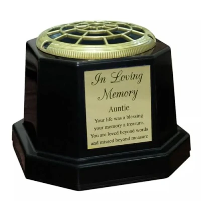 Image of Black Graveside Memorial Flower Vase with Gold In Loving Memory Plaque (Auntie)