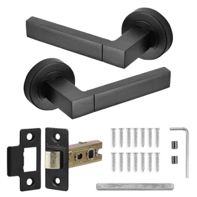 Image of Decoranddecor Lumina Internal Square Door Handles Lever On 54mm Rose Aluminium Matt Black Latch Kit