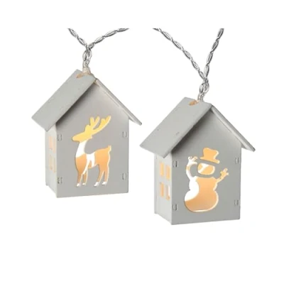 Image of WeRChristmas Reindeer and Snowman Wooden House Light String with 10 LED White