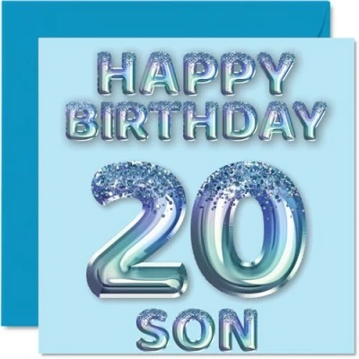 Image of 20th Birthday Card for Son Blue Glitter Party Balloons Happy Cards 20 Year Old from Mum Dad Parents, 145mm x Bday Greeting Gift