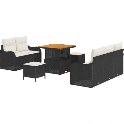 Image of vidaXL 8 Piece Garden Sofa Set with Cushions Black Poly Rattan Acacia