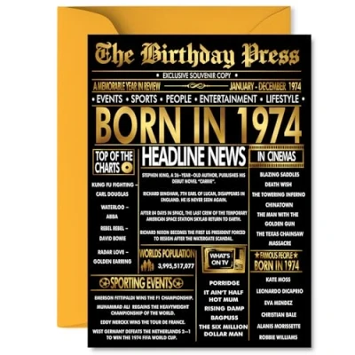 Image of Gold 51st Birthday Card for Men Women Black &amp; Golden Newspaper Born in 1974 Happy 51 Cards Grandad Sister Husband Daughter Cousin Grandma, 5x7 Inch Bday Greeting