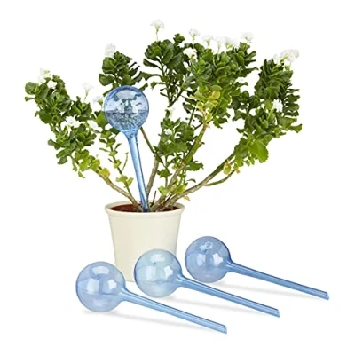 Image of Relaxdays Watering Gloves, Set of 4, Regulated Irrigation, 2 Weeks, Pot Plants, Plastic Sphere, Bulb, PP, metal with zinc alloy, Blue, 22 x 16 cm