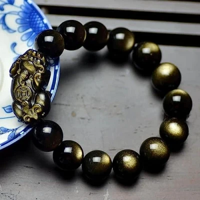 Image of Wealth Bracelet, Feng Shui Bracelet Pixiu/Pi Yao Ancient Coin Charm Natural Golden Obsidian Talisman Stone Good Luck for Women Men Chakra Crystal Amulet ( Colo