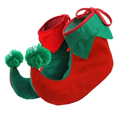 Image of Elf Shoes Red and Green Boots With Stuffed Curled Toes Christmas Fancy Dress Shoe Accessory Santa Little Helper Elves Covers