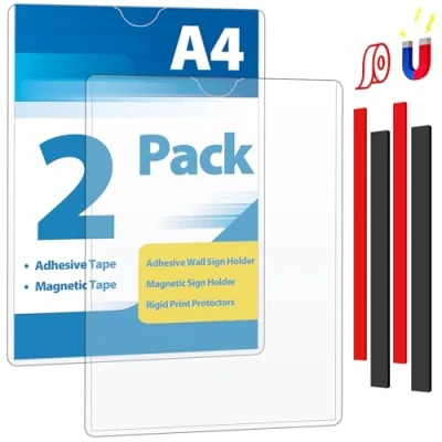 Image of VAIIGO A4 Wall Sign Holder Magnetic Frame, Holder, Rigid Print Protectors with Adhesive and Tapes, Poster Display Plastic Paper for Office, Home, Store, 2 Pcs