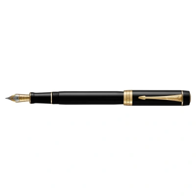 Image of Parker Duofold Centennial Fountain Pen Classic Black with Gold Trim Fine Solid Nib Ink and Convertor Premium Gift Box